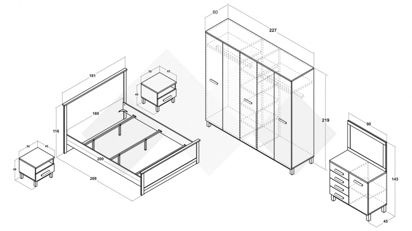Спален комплект Линда бяло гладко с дъб кадис - изглед 2 - МебелМаг Спален комплект Линда бяло гладко с дъб кадис - изглед 2