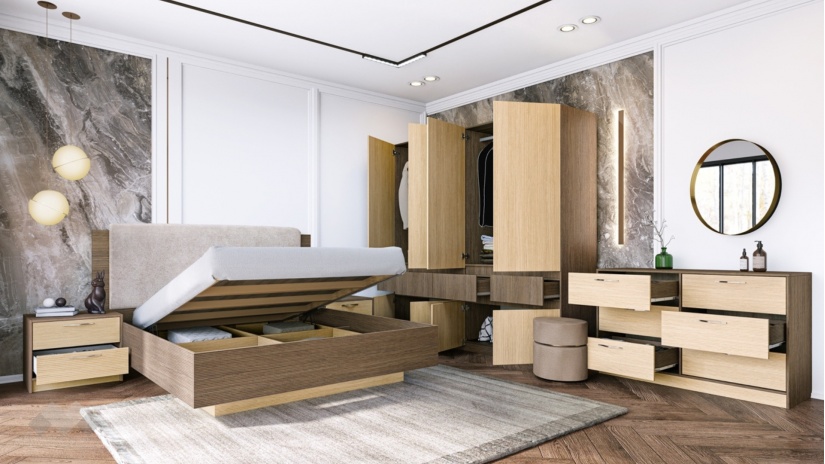 Спален комплект Мирела дъб линеа с орех линеа - изглед 3 - МебелМаг Спален комплект Мирела дъб линеа с орех линеа - изглед 3