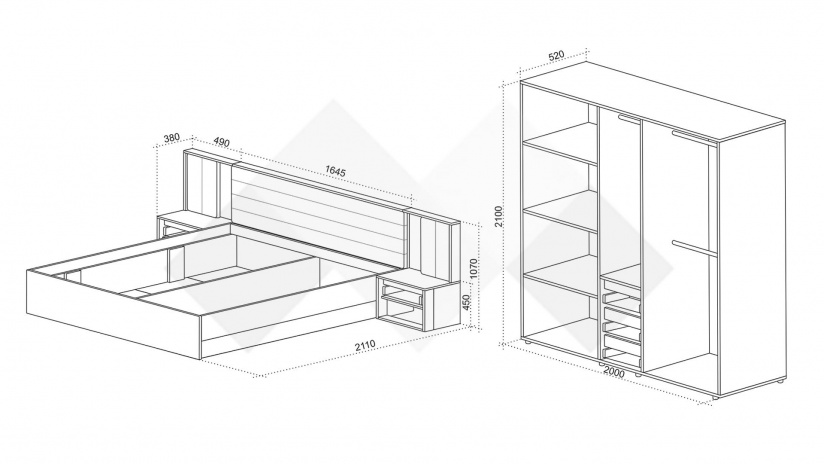 Спален комплект Нарди графит с денвър - изглед 2 - МебелМаг Спален комплект Нарди графит с денвър - изглед 2