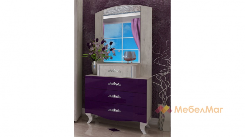 Спален комплект със скрин с огледало дъб крафт бял с лилав супер гланц - изглед 2 - МебелМаг Спален комплект със скрин с огледало дъб крафт бял с лилав супер гланц - изглед 2