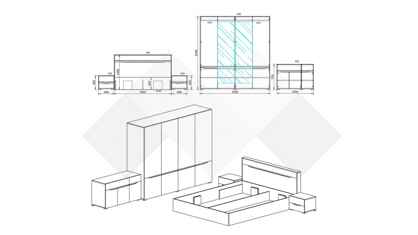 Спален комплект Санта Мария с включен матрак Бонел 160/200 орех адмирал със сатен - изглед 6 - МебелМаг Спален комплект Санта Мария с включен матрак Бонел 160/200 орех адмирал със сатен - изглед 6