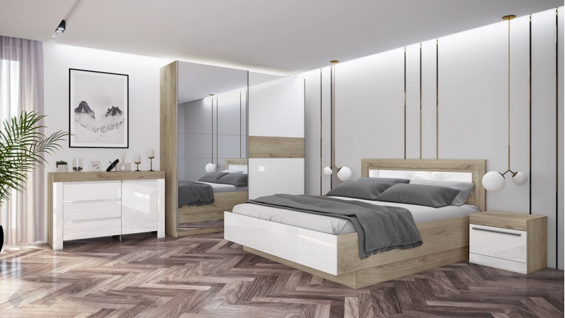 Спален комплект Ариа сонома арвен с бяло гланц - изглед 1 - МебелМаг Спален комплект Ариа сонома арвен с бяло гланц - изглед 1