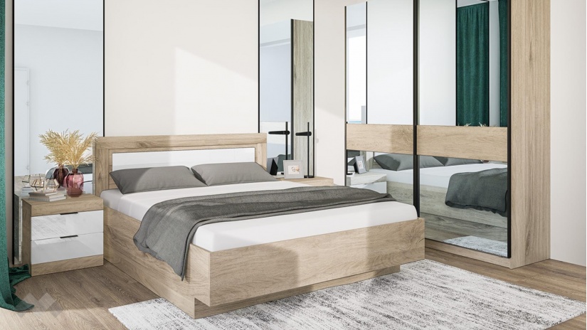 Спалня с нощни шкафчета 160/200 Аделаида сонома арвен с бял гланц - изглед 3 - МебелМаг Спалня с нощни шкафчета 160/200 Аделаида сонома арвен с бял гланц - изглед 3