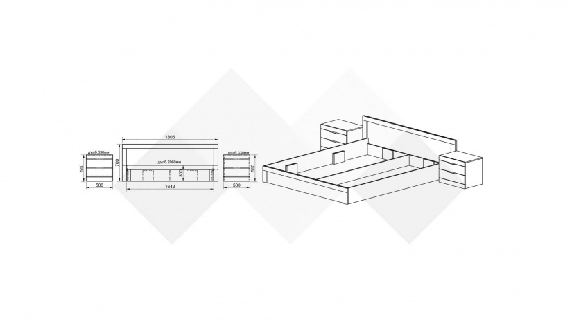 Спалня с нощни шкафчета 160/200 Естер тъмна сонома - изглед 2 - МебелМаг Спалня с нощни шкафчета 160/200 Естер тъмна сонома - изглед 2