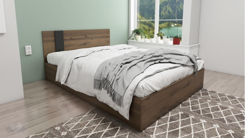 Спалня Кайли с включен матрак Бонел 140/200 дъб вотан с черно шагре - изглед 1 - МебелМаг Спалня Кайли с включен матрак Бонел 140/200 дъб вотан с черно шагре - изглед 1