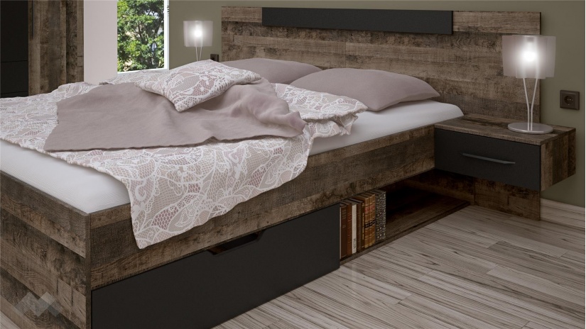 Спалня с нощни шкафчета 160/200 Каляри колониален дъб с черно - изглед 3 - МебелМаг Спалня с нощни шкафчета 160/200 Каляри колониален дъб с черно - изглед 3