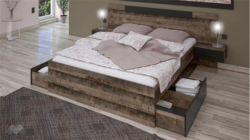 Спалня с нощни шкафчета 160/200 Каляри колониален дъб с черно - изглед 4 - МебелМаг Спалня с нощни шкафчета 160/200 Каляри колониален дъб с черно - изглед 4