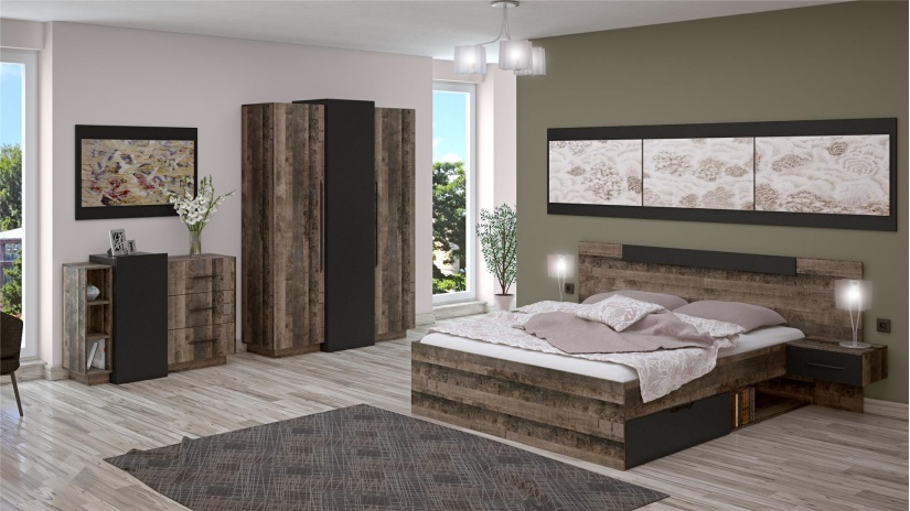 Спалня с нощни шкафчета 160/200 Каляри колониален дъб с черно - изглед 7 - МебелМаг Спалня с нощни шкафчета 160/200 Каляри колониален дъб с черно - изглед 7