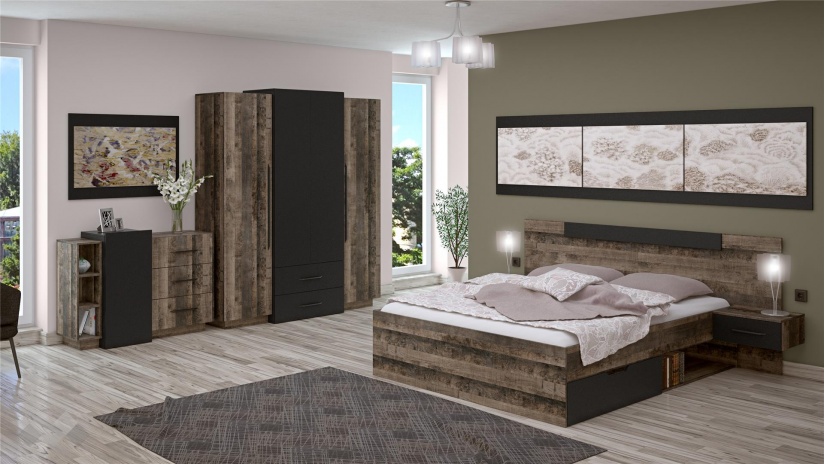 Спалня с нощни шкафчета 160/200 Каляри колониален дъб с черно - изглед 8 - МебелМаг Спалня с нощни шкафчета 160/200 Каляри колониален дъб с черно - изглед 8