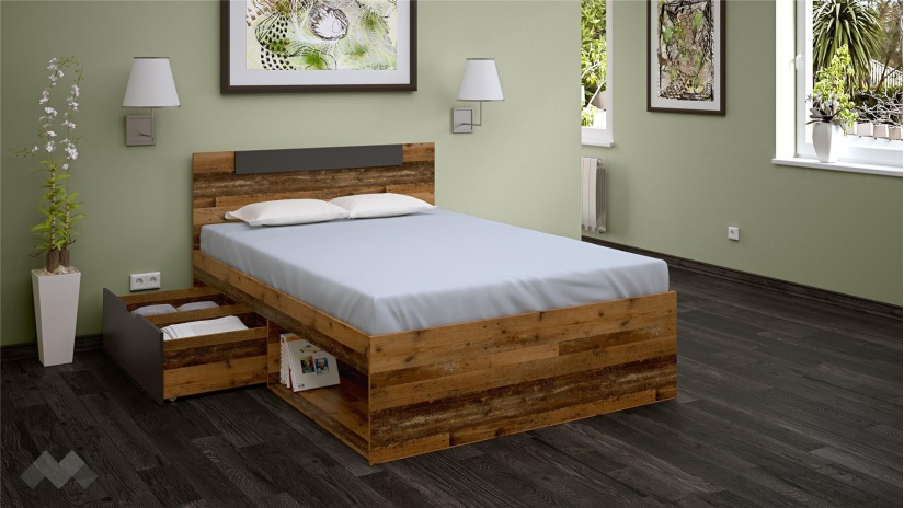 Легло с чекмеджета 140/200 Лориен с включен матрак Бонел 140/200 олд стайл с графит - изглед 2 - МебелМаг Легло с чекмеджета 140/200 Лориен с включен матрак Бонел 140/200 олд стайл с графит - изглед 2