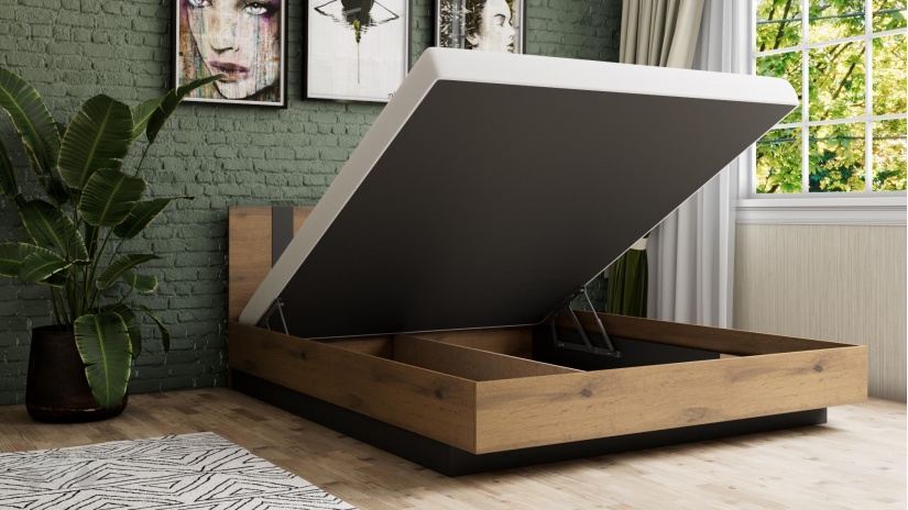 Спалня 160/200 Оптима с включен матрак Бонел 160/200 дъб вотан с черно - изглед 2 - МебелМаг Спалня 160/200 Оптима с включен матрак Бонел 160/200 дъб вотан с черно - изглед 2