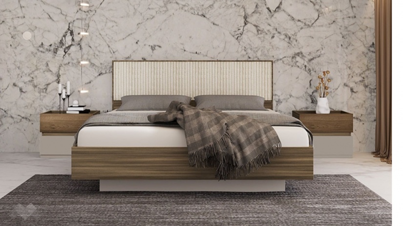 Спалня 160/200 Поситано дъб дилън тъмен с капучино мат и пасифик - изглед 1 - МебелМаг Спалня 160/200 Поситано дъб дилън тъмен с капучино мат и пасифик - изглед 1