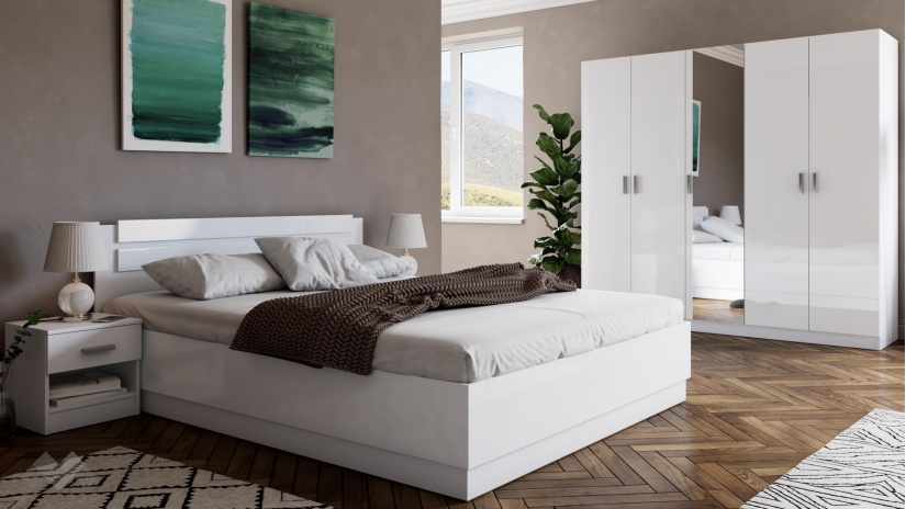 Спалня с нощни шкафчета 160/200 Шайн с включен матрак Бонел 160/200 бял гланц с бяло - изглед 4 - МебелМаг Спалня с нощни шкафчета 160/200 Шайн с включен матрак Бонел 160/200 бял гланц с бяло - изглед 4