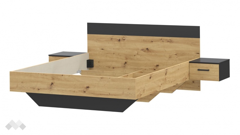 Спалня с нощни шкафчета 160/200 Мониса дъб артисан с черно - изглед 2 - МебелМаг Спалня с нощни шкафчета 160/200 Мониса дъб артисан с черно - изглед 2