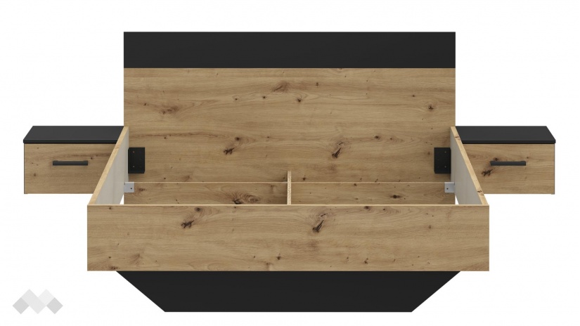 Спалня с нощни шкафчета 160/200 Мониса дъб артисан с черно - изглед 3 - МебелМаг Спалня с нощни шкафчета 160/200 Мониса дъб артисан с черно - изглед 3