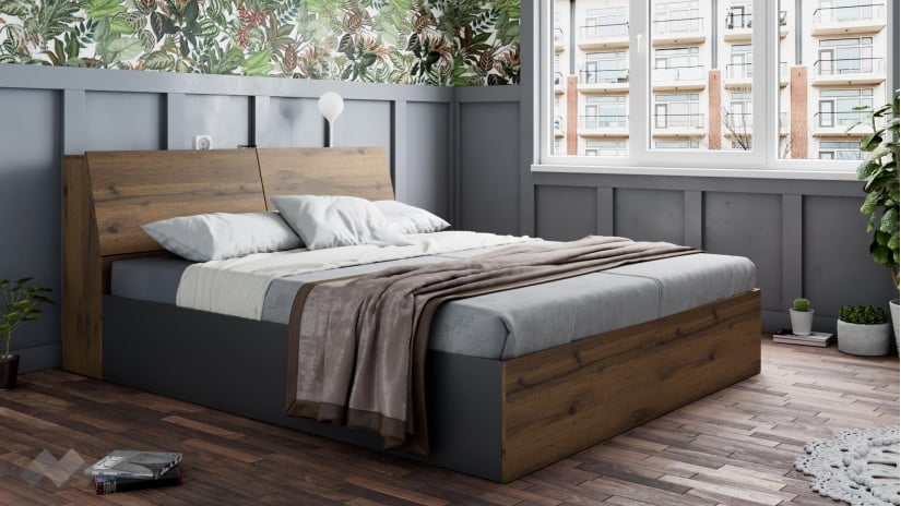 Спалня с ракла 180/200 Хироу с включен матрак Бонел 180/200 дъб вотан с черно шагре - изглед 1 - МебелМаг Спалня с ракла 180/200 Хироу с включен матрак Бонел 180/200 дъб вотан с черно шагре - изглед 1