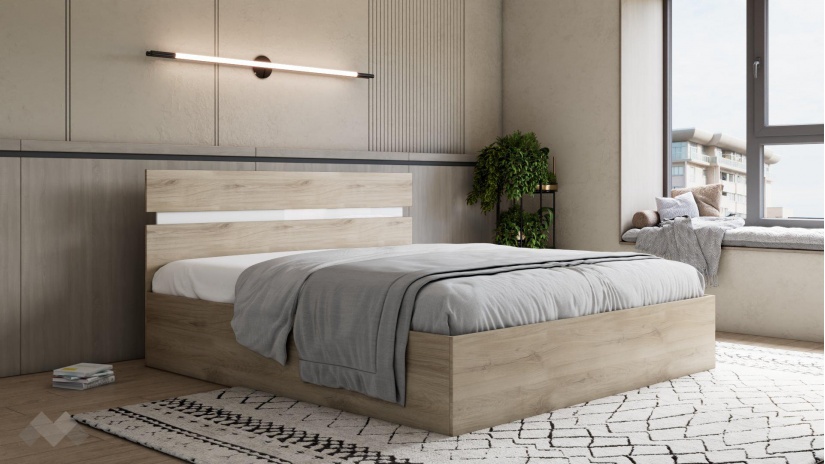 Спалня 180/200 Синтия сонома арвен с бял гланц - изглед 1 - МебелМаг Спалня 180/200 Синтия сонома арвен с бял гланц - изглед 1