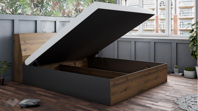 Спалня с ракла 180/200 Хироу с включен матрак Бонел 180/200 дъб вотан с черно шагре - изглед 5 - МебелМаг Спалня с ракла 180/200 Хироу с включен матрак Бонел 180/200 дъб вотан с черно шагре - изглед 5