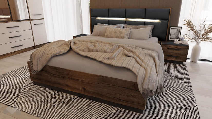 Спален комплект Норел кафяв дъб пиемона със сатен и графит - изглед 2 - МебелМаг Спален комплект Норел кафяв дъб пиемона със сатен и графит - изглед 2