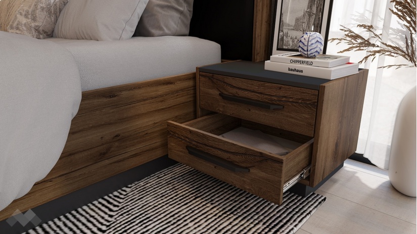 Спален комплект Норел кафяв дъб пиемона със сатен и графит - изглед 4 - МебелМаг Спален комплект Норел кафяв дъб пиемона със сатен и графит - изглед 4