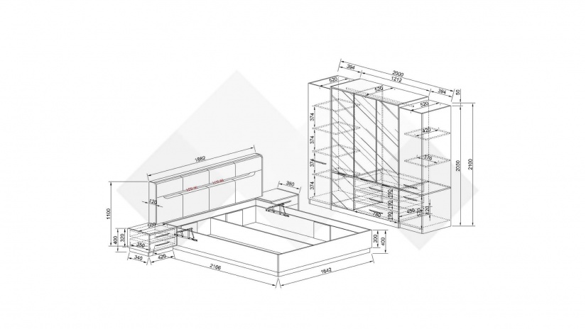 Спален комплект Норел кафяв дъб пиемона със сатен и графит - изглед 7 - МебелМаг Спален комплект Норел кафяв дъб пиемона със сатен и графит - изглед 7