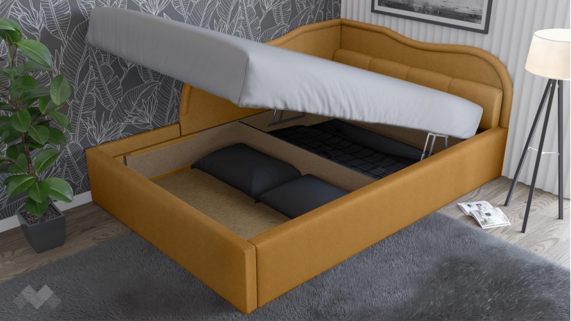 Тапицирана спалня 140/200 Андреа с включен матрак Бонел 140/200 горчица - изглед 2 - МебелМаг Тапицирана спалня 140/200 Андреа с включен матрак Бонел 140/200 горчица - изглед 2