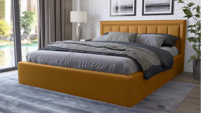 Тапицирана спалня 160/200 Бори с включен матрак Бонел 160/200 горчица - изглед 1 - МебелМаг Тапицирана спалня 160/200 Бори с включен матрак Бонел 160/200 горчица - изглед 1