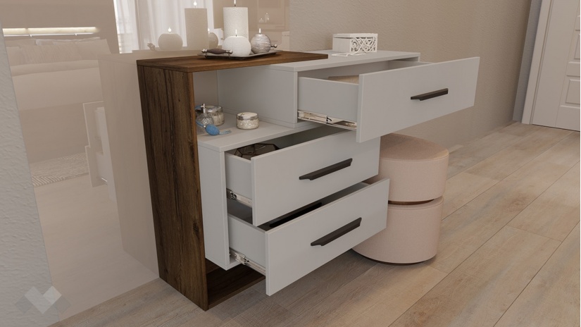 Тоалетка Норел кафяв дъб пиемона със сатен и графит - изглед 4 - МебелМаг Тоалетка Норел кафяв дъб пиемона със сатен и графит - изглед 4