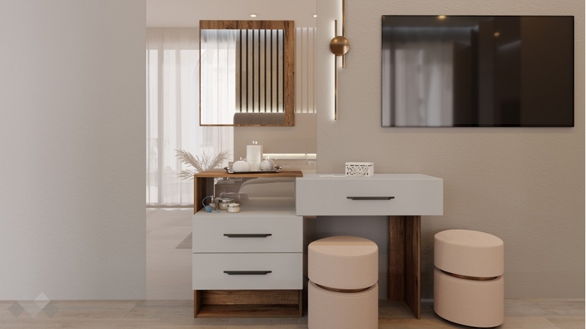 Тоалетка Норел кафяв дъб пиемона със сатен и графит - изглед 1 - МебелМаг Тоалетка Норел кафяв дъб пиемона със сатен и графит - изглед 1