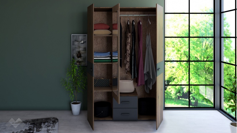 Гардероб Дани трикрилни дъб вотан с черно шагре - изглед 2 - МебелМаг Гардероб Дани трикрилни дъб вотан с черно шагре - изглед 2