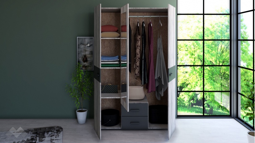 Гардероб Дани трикрилни малта с антрацит - изглед 2 - МебелМаг Гардероб Дани трикрилни малта с антрацит - изглед 2