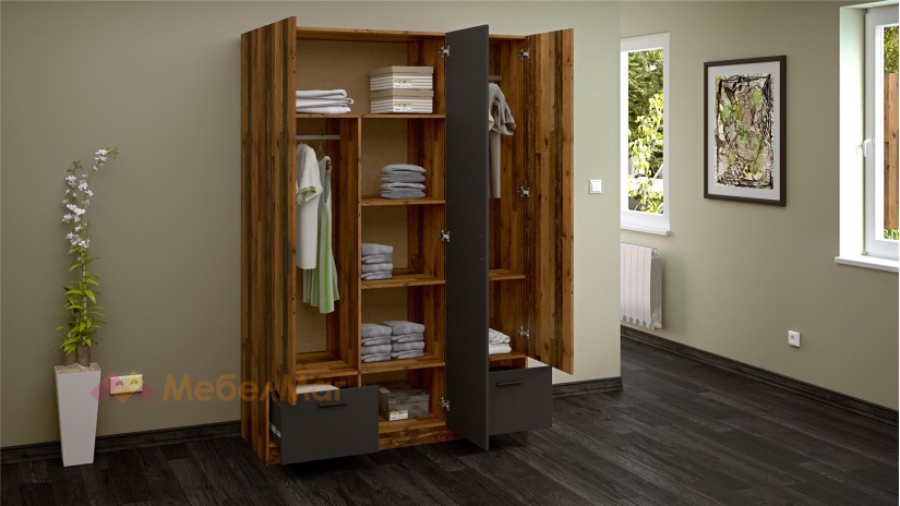 Гардероб Лориен трикрилни олд стайл с графит - изглед 2 - МебелМаг Гардероб Лориен трикрилни олд стайл с графит - изглед 2