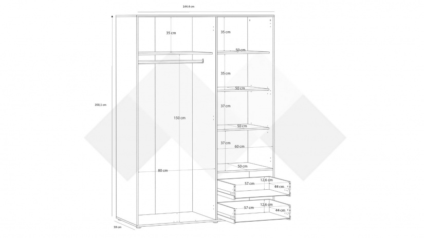 Гардероб Мониса трикрилни дъб артисан с черно - изглед 8 - МебелМаг Гардероб Мониса трикрилни дъб артисан с черно - изглед 8