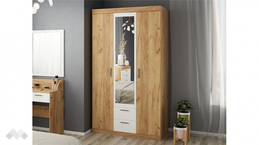 Гардероб Моник трикрилни златен дъб с бяло - изглед 1