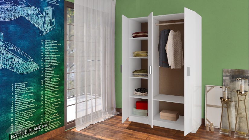 Гардероб Шайн трикрилни бял гланц - изглед 3 - МебелМаг Гардероб Шайн трикрилни бял гланц - изглед 3