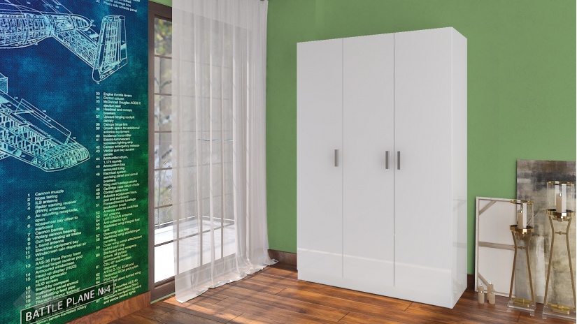 Гардероб Шайн трикрилни бял гланц - изглед 2 - МебелМаг Гардероб Шайн трикрилни бял гланц - изглед 2