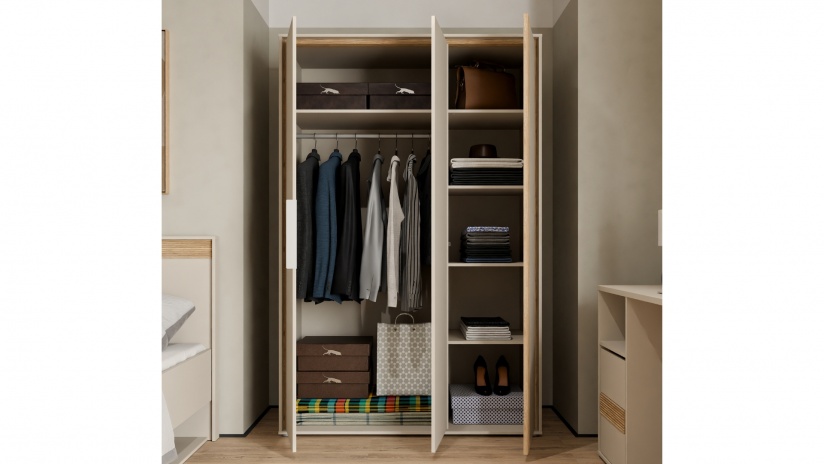 Гардероб Векслин трикрилни пясък с дъб маувела - изглед 2 - МебелМаг Гардероб Векслин трикрилни пясък с дъб маувела - изглед 2