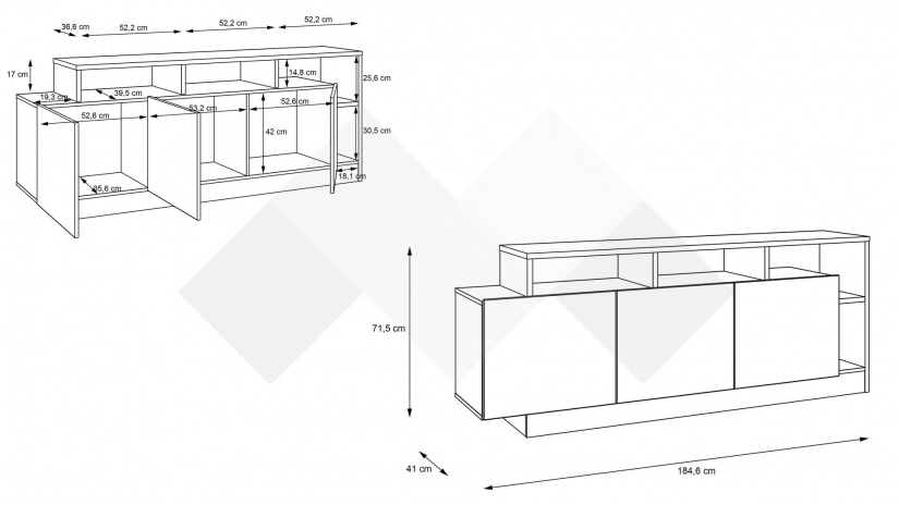 ТВ шкаф Ариса с открити рафтове дъб артисан със сиво - изглед 6