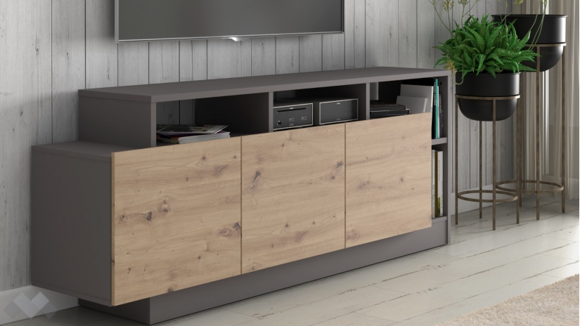 ТВ шкаф Ариса с открити рафтове дъб артисан със сиво - изглед 1