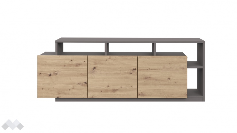 ТВ шкаф Ариса с открити рафтове дъб артисан със сиво - изглед 2