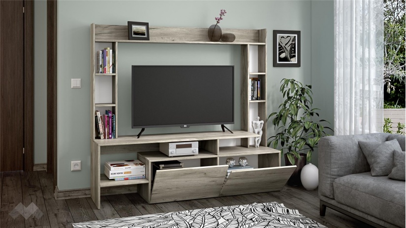 ТВ шкаф Боди с открити рафтове дъб крафт сив - изглед 2