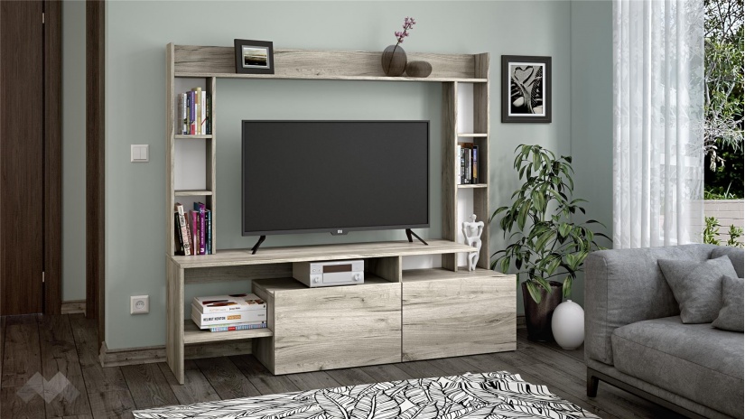 ТВ шкаф Боди с открити рафтове дъб крафт сив - изглед 1