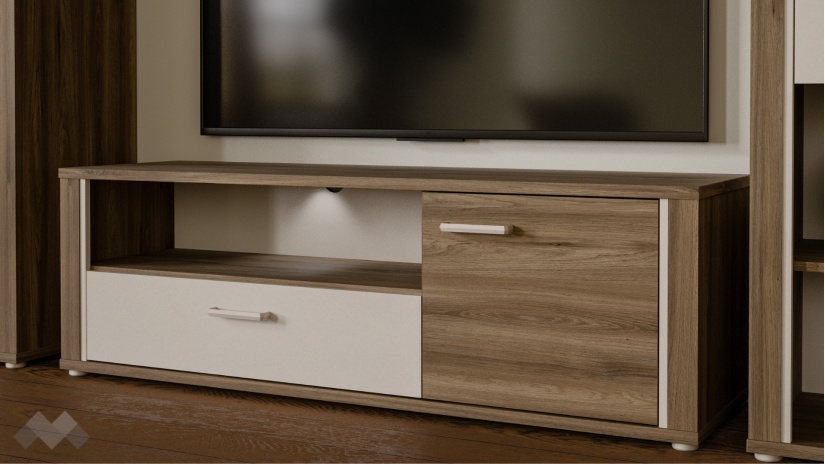 ТВ шкаф Дейлос дъб валенсия с крем - изглед 1 - МебелМаг ТВ шкаф Дейлос дъб валенсия с крем - изглед 1