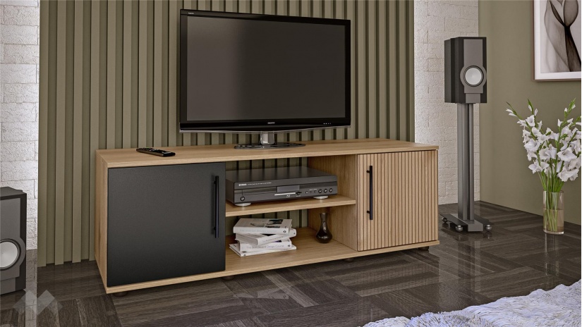 ТВ шкаф Ламела с открити рафтове дъб канела с дъб ламела и черно шагре - изглед 2 - МебелМаг ТВ шкаф Ламела с открити рафтове дъб канела с дъб ламела и черно шагре - изглед 2