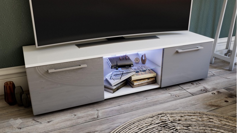 ТВ шкаф Муун бяло със сив гланц - изглед 1 - МебелМаг ТВ шкаф Муун бяло със сив гланц - изглед 1