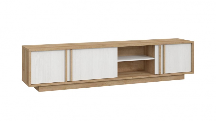 ТВ шкаф Сандувал с открити рафтове светъл вотан със снежен дъб - изглед 3 - МебелМаг ТВ шкаф Сандувал с открити рафтове светъл вотан със снежен дъб - изглед 3