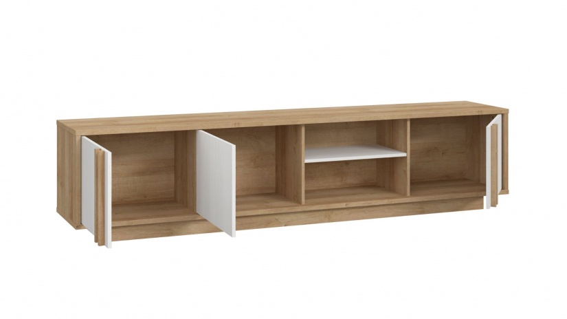 ТВ шкаф Сандувал с открити рафтове светъл вотан със снежен дъб - изглед 5 - МебелМаг ТВ шкаф Сандувал с открити рафтове светъл вотан със снежен дъб - изглед 5