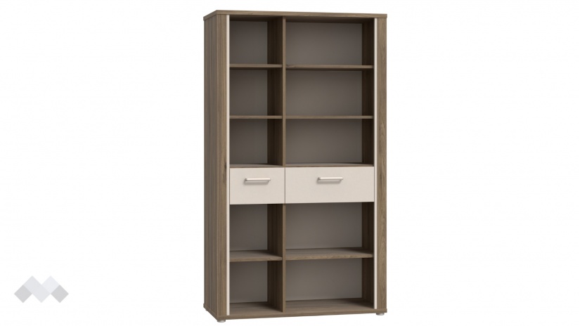 Висок шкаф с две чекмеджета Дейлос с открити рафтове дъб валенсия с крем - изглед 3