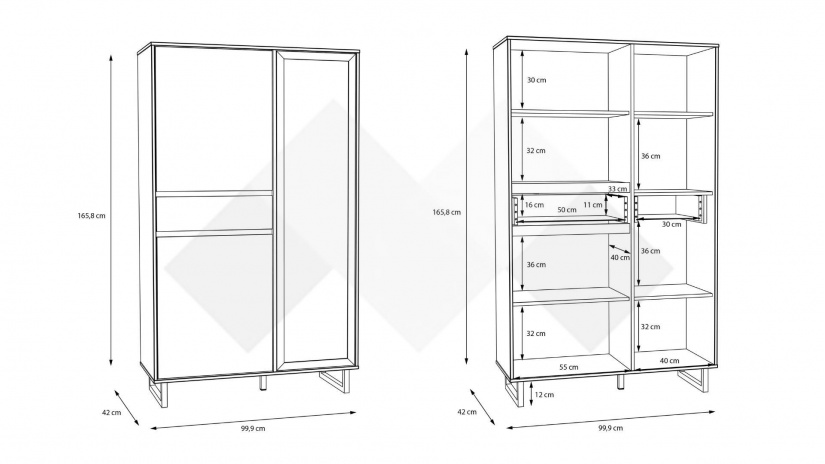 Висок шкаф с витрина Никодис с витрина дъб натурал с черен мат и житен дъб - изглед 6