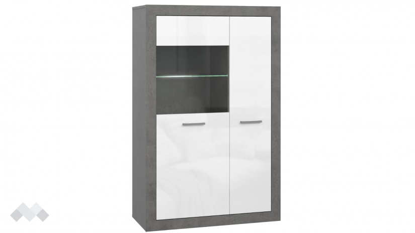Висок шкаф с две врати Требия с витрина сиво с бял гланц - изглед 3
